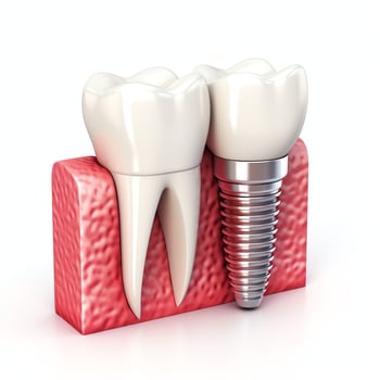 Close up of a dental tooth implant or healthy human teeth. White enamel and dental implants surgery concept by AI Generated photo