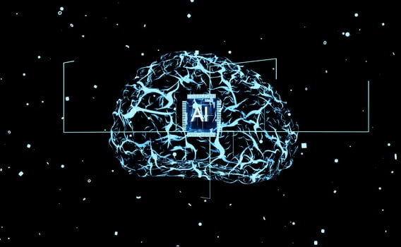 AI system using complex computer program code. Machine learning algorithms using neural networks to solve mathematic computational operations, human brain visualization 3D render animation photo