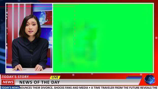Broadcaster does report with greenscreen on live television show, presenting breaking news and latest events. News presenter covering international topics using blank chromakey copyspace. photo