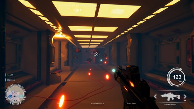 First person shooter videogame with automatic gun shooting laser bullets at flying robotic foes. PvP online multiplayer game tourney with gamers competing against eachother photo