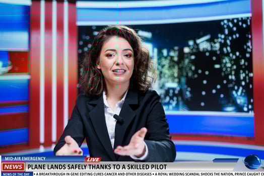 Reporter reveals new hero aviator who safely grounds airplane while protecting passengers. Journalist reporting influential newscast event about flying plane, broadcasting live information. photo