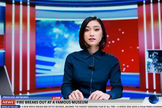 Anchorwoman talks about fire at museum on international news channel, famous artifacts and artworks in danger after building started burning. Journalist reports disaster at historical landmark. photo