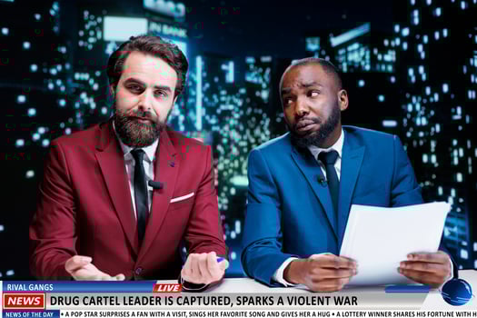 Journalists team reveal dangerous cartel criminals caught by authorities, risk of a violent war start between gangs. Two men doing newscast reportage about drug leader on live program. photo