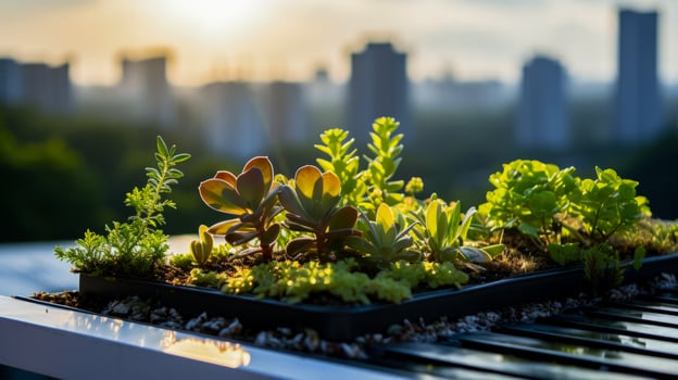 Green living roof on modern city building background with empty space for text photo