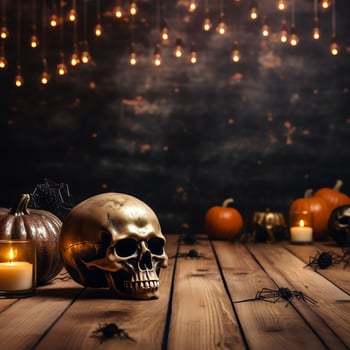 Halloween decorative on wooden table top with blurred night scene background,AI Generated photo