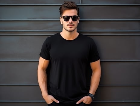 A man with sunglasses wearing blank empty black t-shirt mockup for design template,AI Generated photo