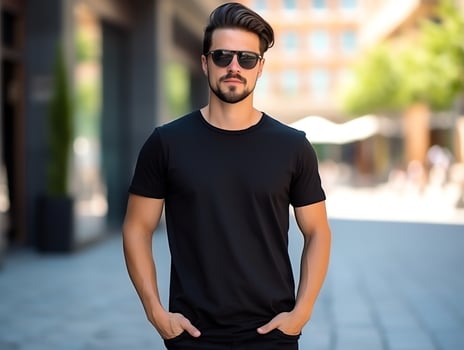 A man with sunglasses wearing blank empty black t-shirt mockup for design template,AI Generated photo