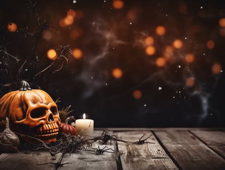 Halloween decorative on wooden table top with blurred night scene background, AI Generated photo