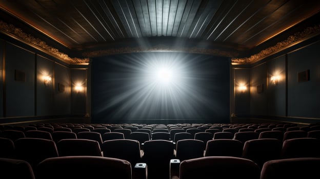 Cinema seats with spotlight and blank screen photo