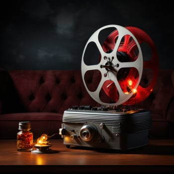 Movie projector with blank film reel on table photo