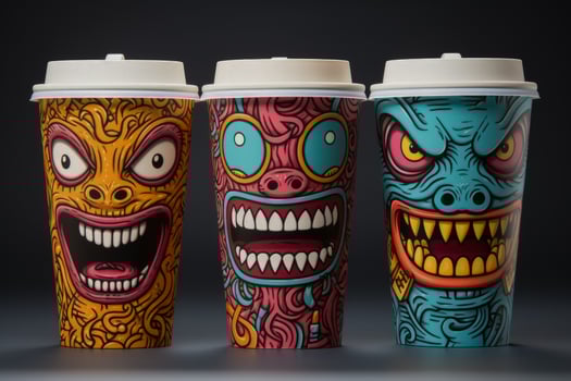 Chic paper coffee cups boasting artful designs showcasing quirky pop culture photo