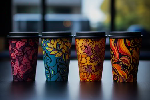 Multi colored paper coffee cups display of unique artistic flair and creativity photo