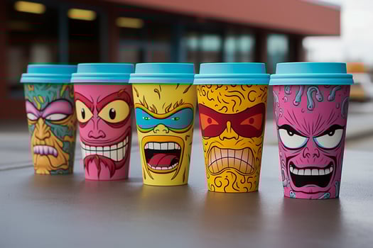 Chic paper coffee cups boasting artful designs showcasing quirky pop culture photo