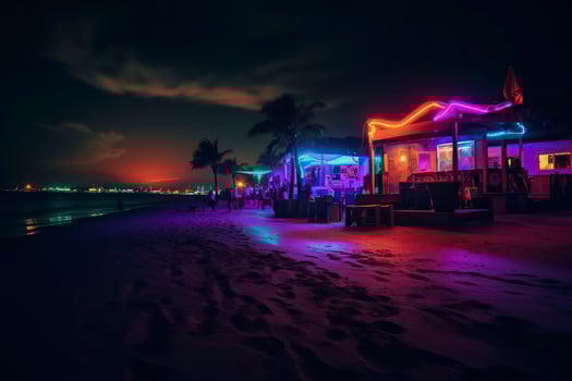 Beach at night with neon lights.AI Generated photo