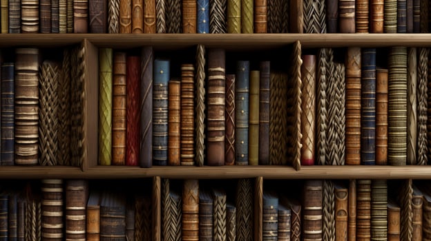 Old bookshelf with old books in a library.AI Generated photo