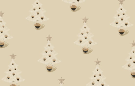 Creative pattern of Christmas tree made of steaming coffee with silver star on the top against cream pastel background. Winter holiday concept. Minimal New Year background. Trendy Christmas idea. photo
