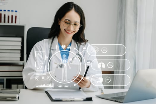 medical technology concept,smart doctor hand working with modern laptop computer with his team virtual icon photo