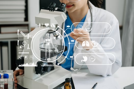 DNA molecule testing concepts. The doctor in a mask examines DNA molecules on the chemical laboratory with virtual icon photo