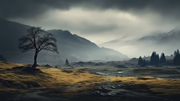 Spooky autumn mountains covered in fog, creating a mysterious and eerie atmosphere. Generative AI photo