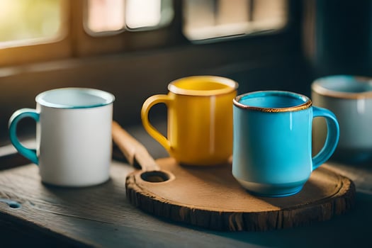 colorful coffee mugs on a wooden table. AI-Generated photo