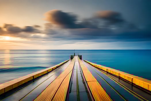 a long exposure photo of a dock at sunset. AI-Generated