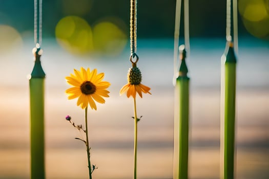 a yellow flower and a green plant hanging from a string. AI-Generated photo