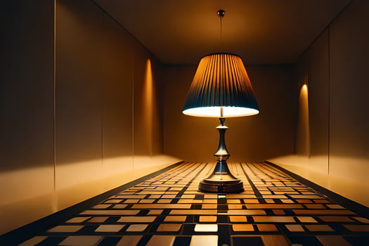 a lamp is sitting on a floor in a dark room. AI-Generated photo