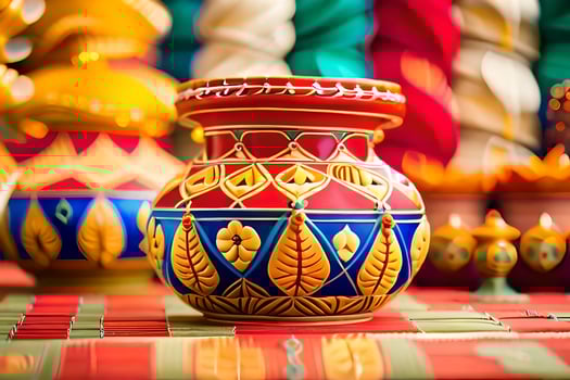 colorful vases on a table with colorful decorations. AI-Generated photo