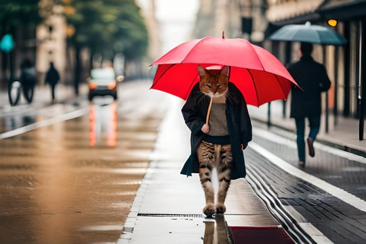 a cat walking down a street with an umbrella. AI-Generated photo