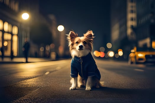 a dog in a blue jacket standing on the street at night. AI-Generated photo