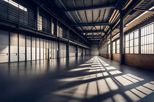 an empty warehouse with large windows and sunlight. AI-Generated photo