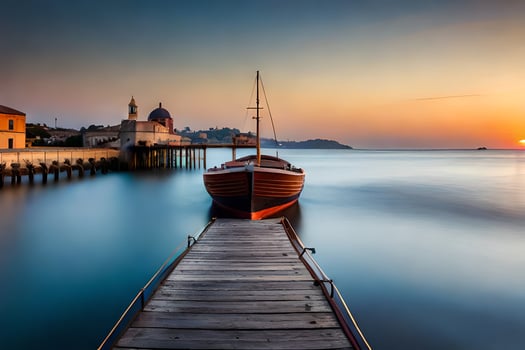 a boat docked at the end of a pier at sunset. AI-Generated photo