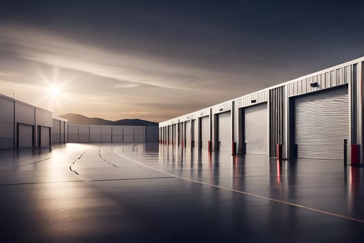 a large warehouse with several storage doors. AI-Generated photo