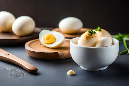 a bowl of boiled eggs with a knife and a spoon. AI-Generated photo