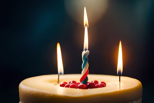 a birthday cake with three lit candles. AI-Generated photo