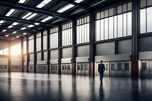 a man walking in an empty warehouse. AI-Generated photo