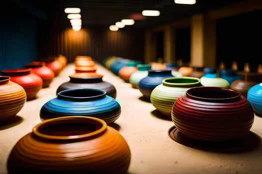 colorful pots lined up in a row in a dark room. AI-Generated photo