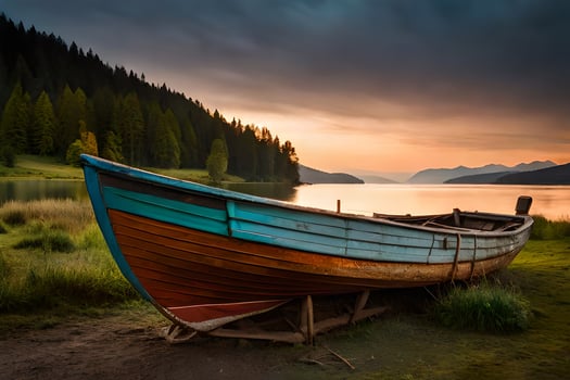 a boat sits on the shore of a lake at sunset. AI-Generated photo