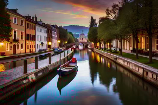 a boat is docked in a canal at sunset. AI-Generated photo