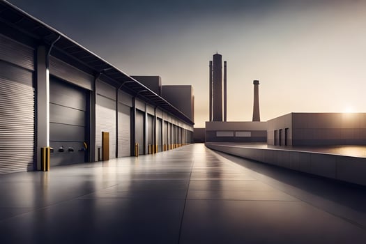a long empty warehouse with a factory building in the background. AI-Generated photo