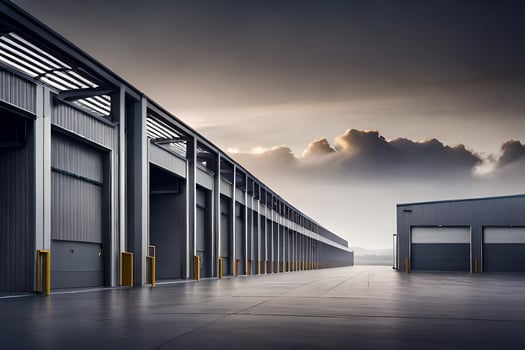 a large warehouse with two doors and a sky. AI-Generated photo