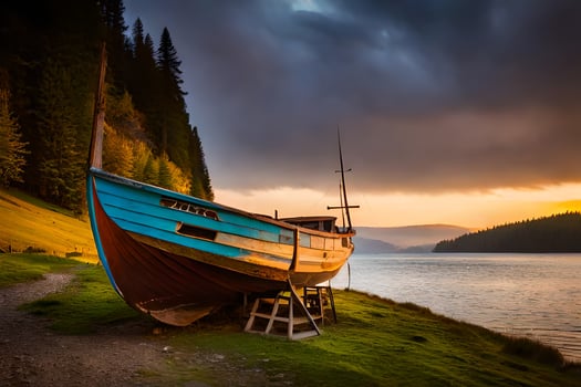 a boat sits on the shore of a lake at sunset. AI-Generated photo