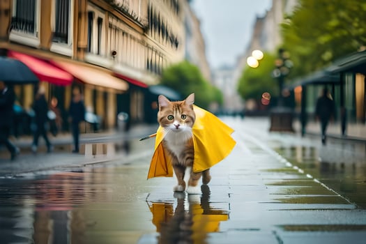 a cat wearing a yellow raincoat walking down a street. AI-Generated photo