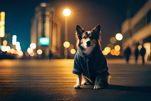 a dog in a jacket sitting on the street at night. AI-Generated photo