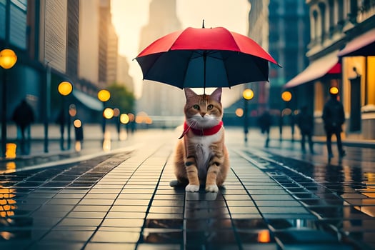 a cat is standing on a street with an umbrella. AI-Generated photo