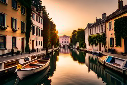boats are docked in a canal at sunset. AI-Generated photo