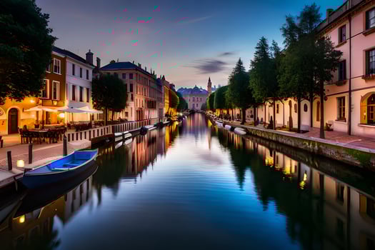 a canal in the middle of a city at dusk. AI-Generated photo
