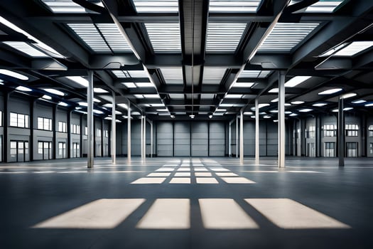 an empty warehouse with lots of windows. AI-Generated photo