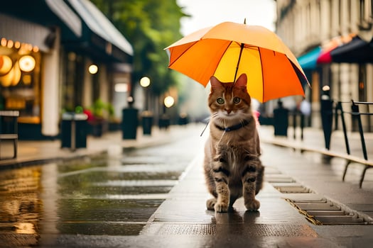 a cat is standing on a wet street with an umbrella. AI-Generated photo