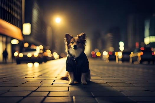 a dog in a jacket standing on a street at night. AI-Generated photo